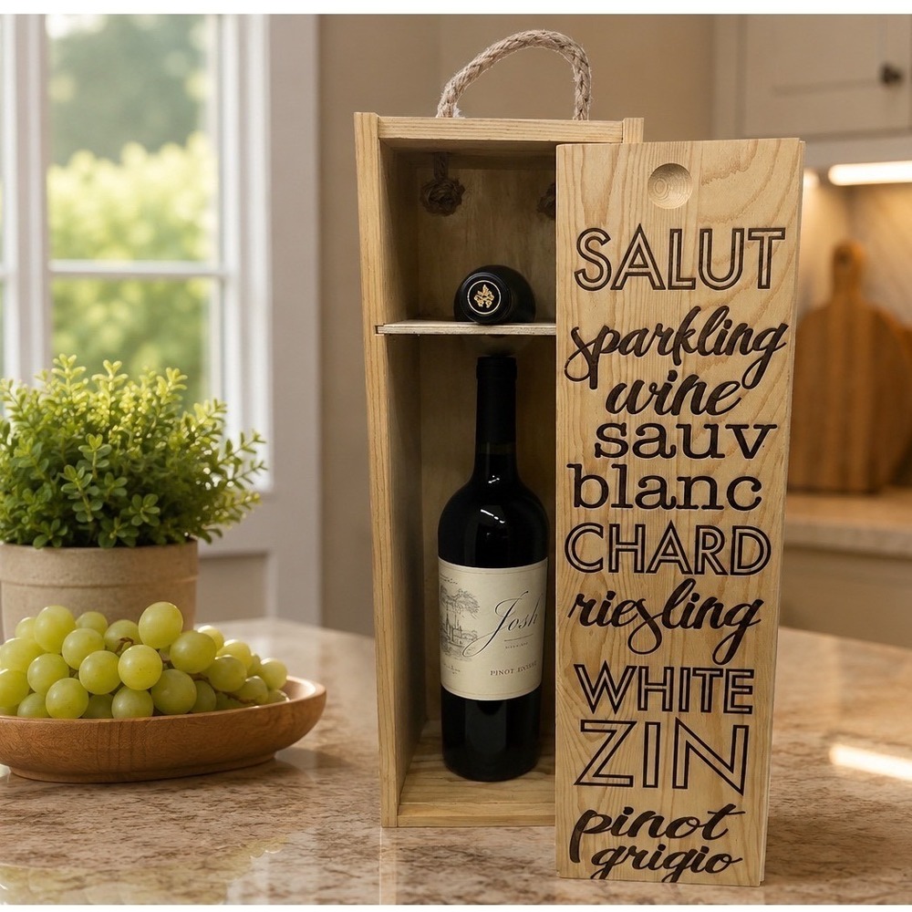 Argento SC Wooden Wine Gift Box Engraved Sliding Lid Rope Handle Single 31-09